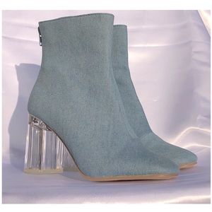 New • Blue Denim Ankle Boots Clear Block Heels